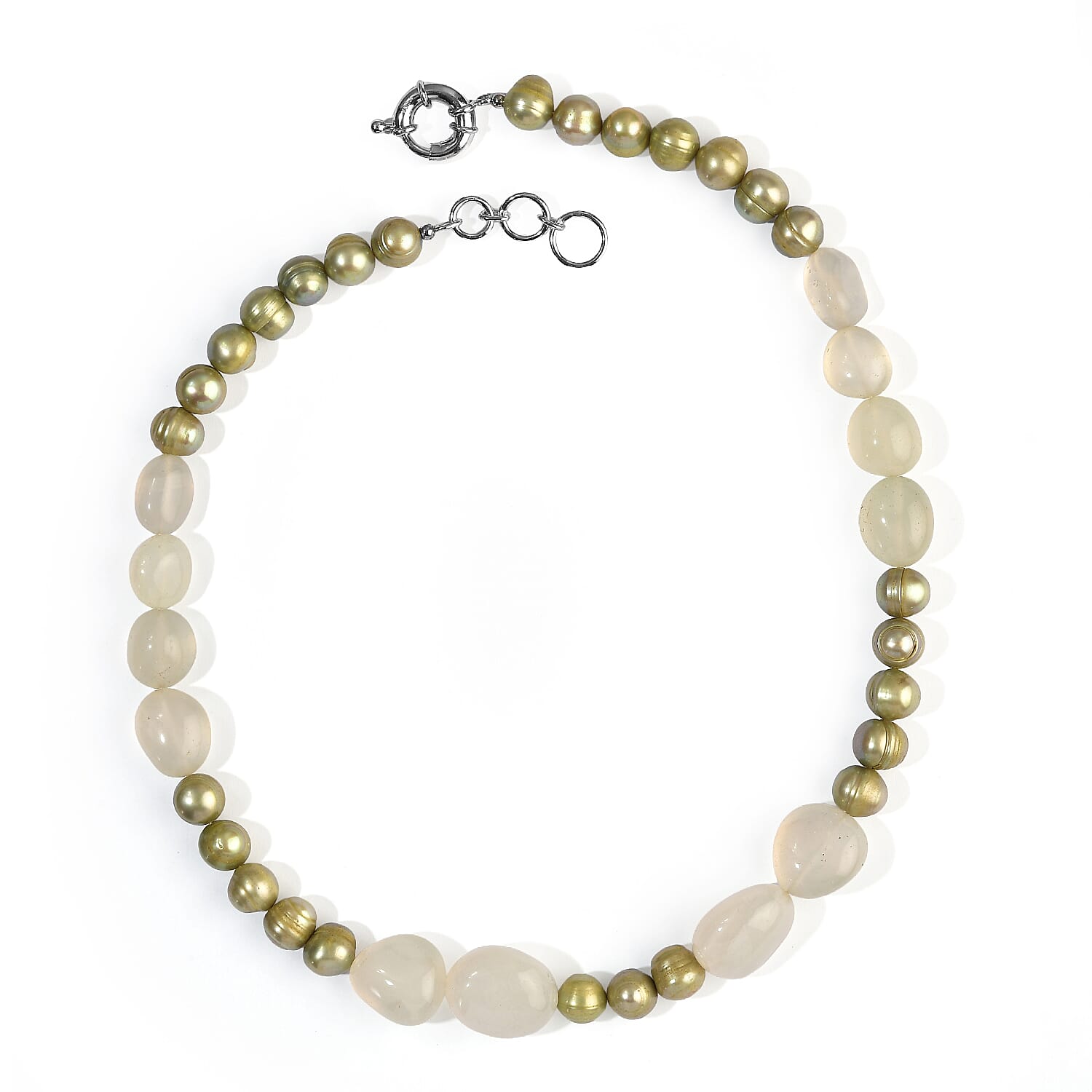 EverTrue Green Chalcedony 180.00 ctw and Green Pearl (D) Necklace in Platinum Bond 18-19 Inches