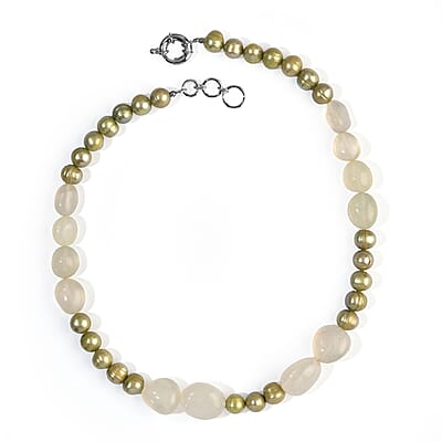 EverTrue Green Chalcedony 180.00 ctw and Green Pearl (D) Necklace in Platinum Bond 18-19 Inches