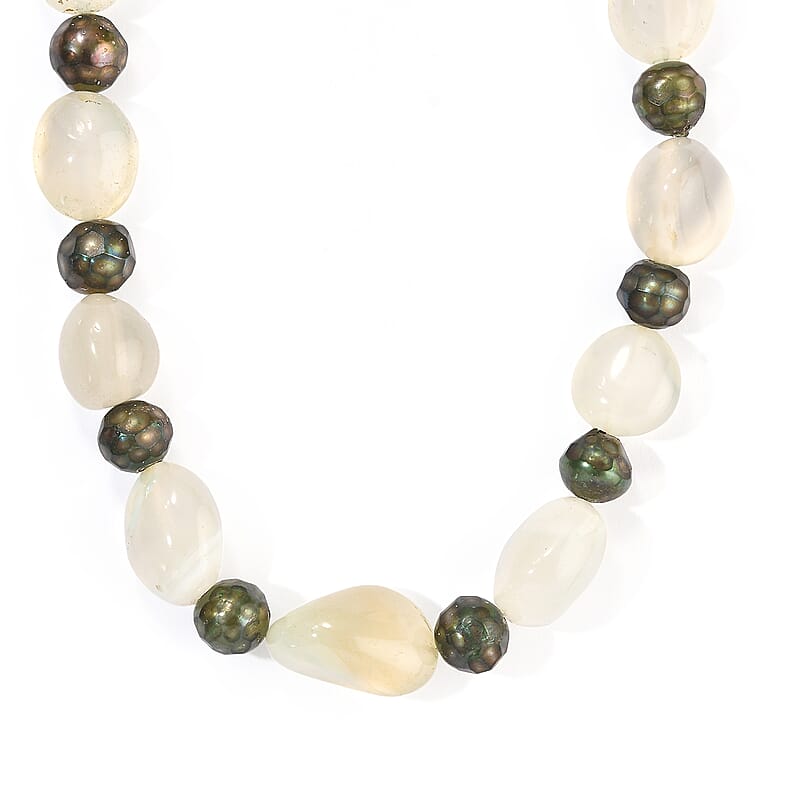 EverTrue Green Chalcedony 220.00 ctw and Green Pearl (D) Necklace in Platinum Bond 18-19 Inches