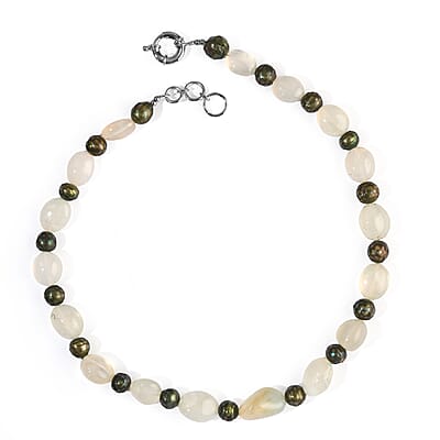 EverTrue Green Chalcedony 220.00 ctw and Green Pearl (D) Necklace in Platinum Bond 18-19 Inches