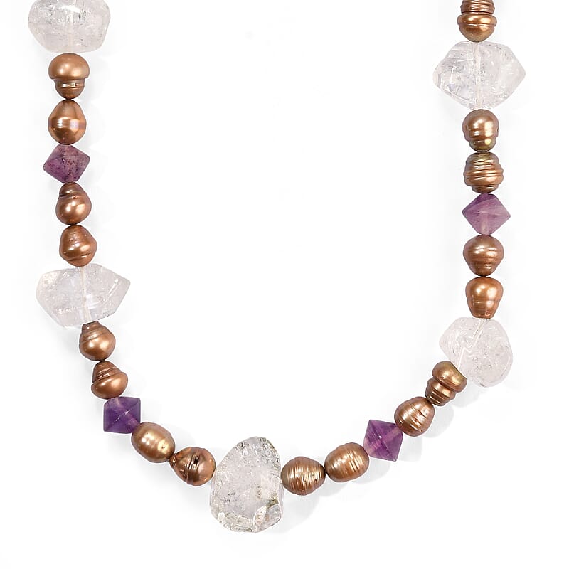 EverTrue Brown Pearl (D) and Multi Gemstone 40.00 ctw Necklace in Platinum Bond 18-19 Inches