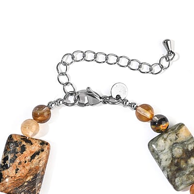 EverTrue Moss Agate andPurple Pearl (D), Gold Quartz 84.00 ctw Bracelet in Stainless Steel (7.25-9.25In)