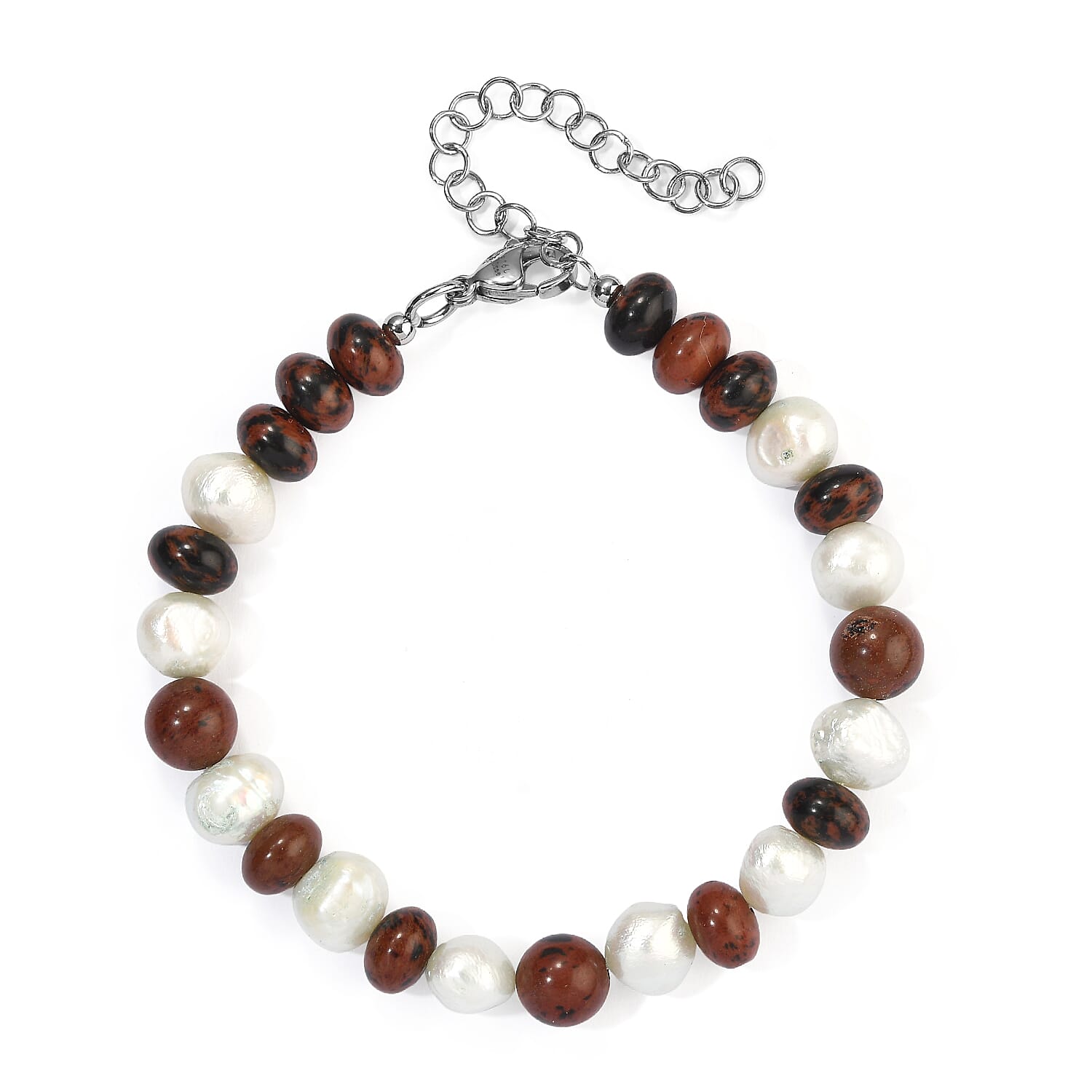 EverTrue Mahagooni Jasper 40.00 ctw and Freshwater Pearl Bracelet in Stainless Steel (7.25-9.25In)