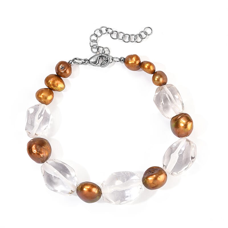 EverTrue Austrian Crystal and Bronze Pearl (D) Bracelet in Stainless Steel (7.25-9.25In)