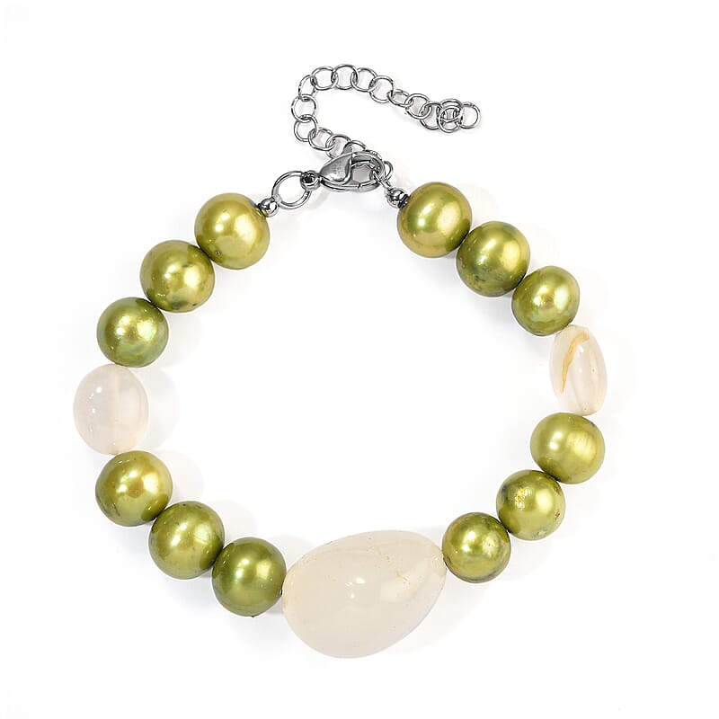 EverTrue Green Pearl and Green Chalcedony (D) 75.00 ctw Bracelet in Stainless Steel (7.25-9.25In)