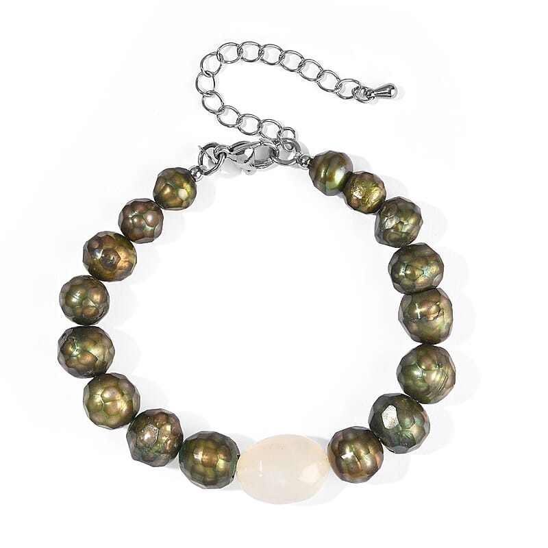 EverTrue Green Pearl and Green Chalcedony (D) 15.00 ctw Bracelet in Stainless Steel (7.25-9.25In)
