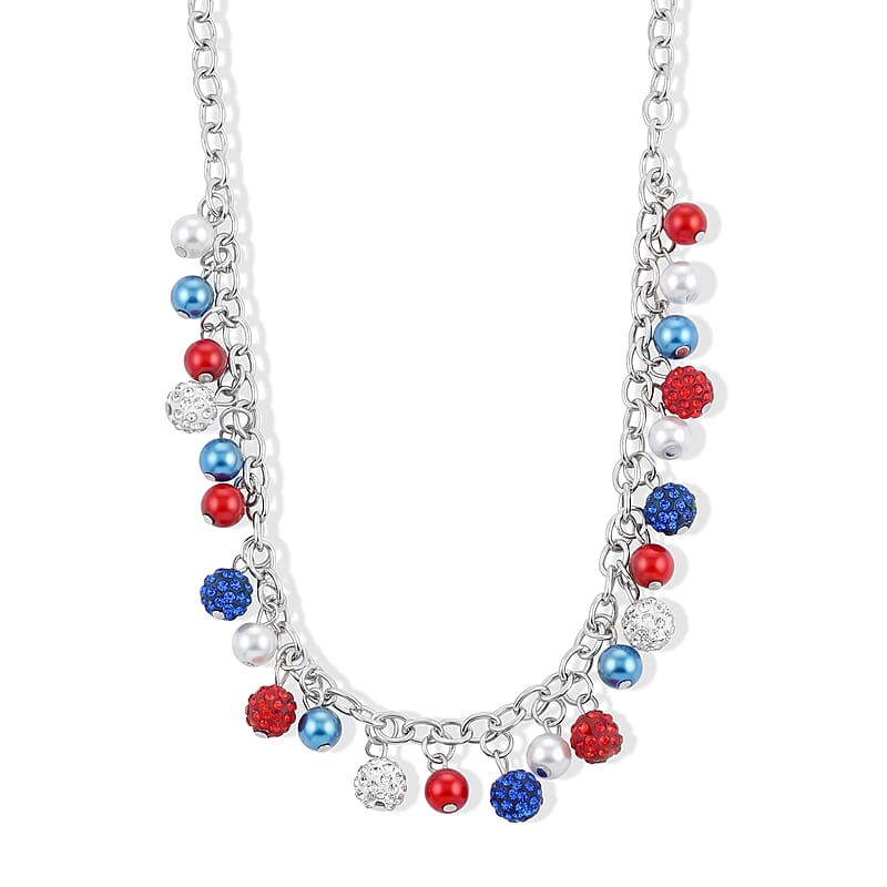 Multi Color Austrian Crystal and Multi Pearl Glass USA Flag Pattern Charm Necklace (19.5-21.5 Inches) in Silvertone