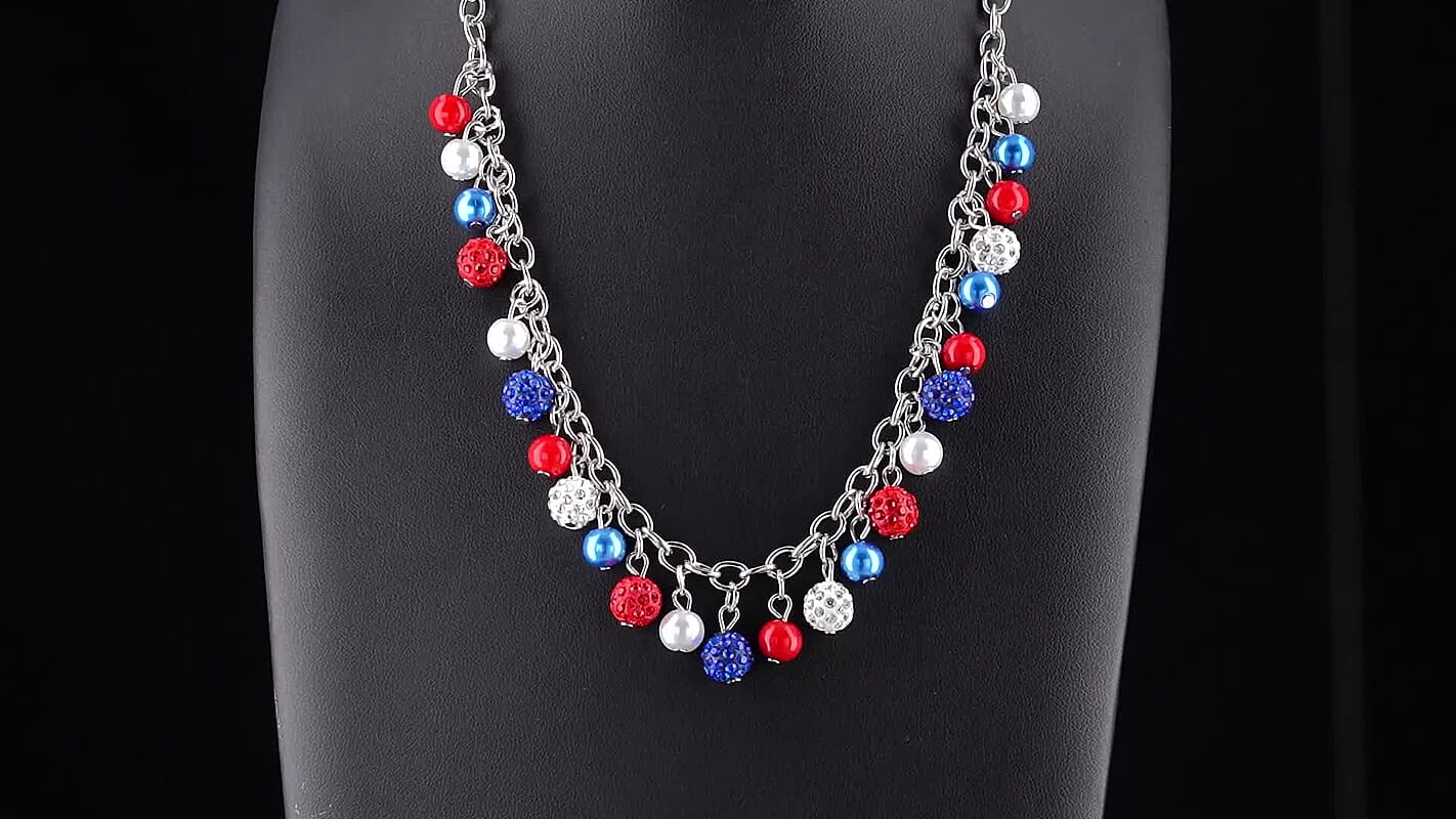 250th Anniversary Celebrations Multi Color Austrian Crystal and Multi Pearl Glass USA Flag Pattern Charm Necklace (19.5-21.5 Inches) in Silvertone