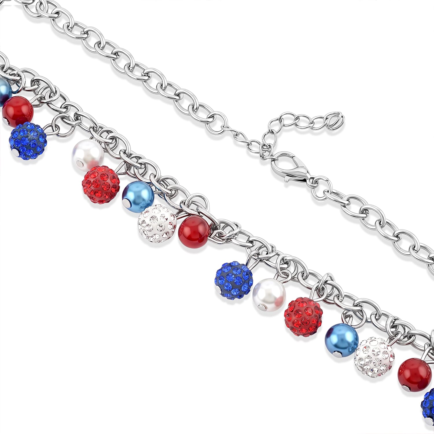 Multi Color Austrian Crystal and Multi Pearl Glass USA Flag Pattern Charm Necklace (19.5-21.5 Inches) in Silvertone