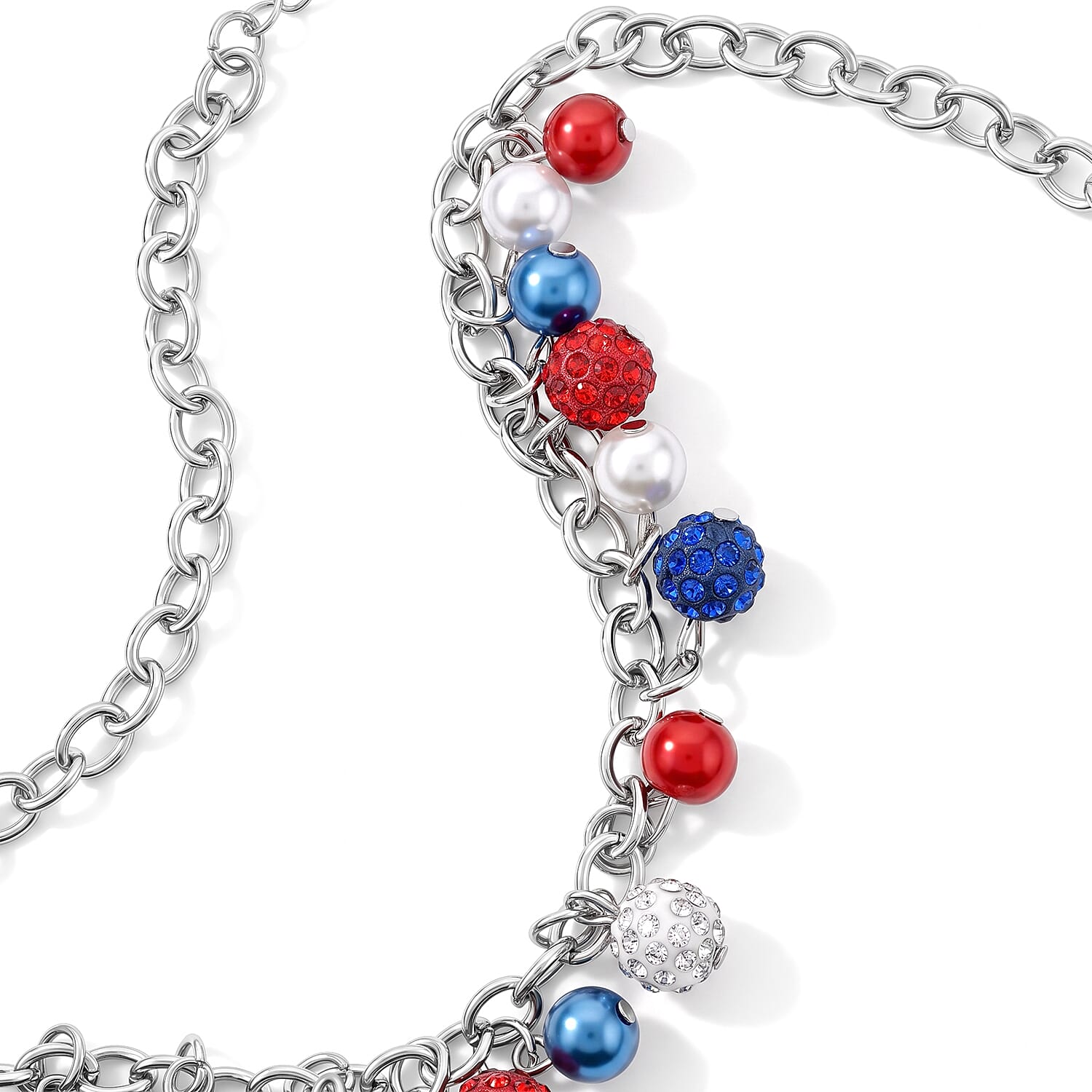 Multi Color Austrian Crystal and Multi Pearl Glass USA Flag Pattern Charm Necklace (19.5-21.5 Inches) in Silvertone