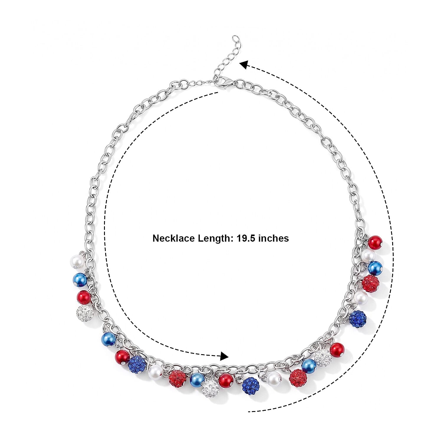 Multi Color Austrian Crystal and Multi Pearl Glass USA Flag Pattern Charm Necklace (19.5-21.5 Inches) in Silvertone