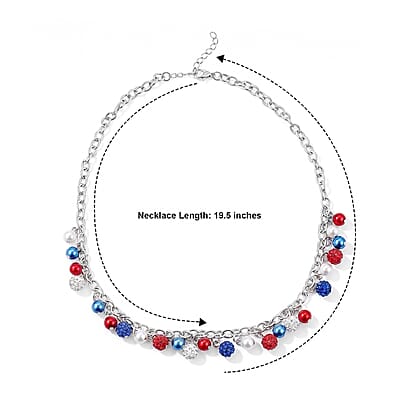Multi Color Austrian Crystal and Multi Pearl Glass USA Flag Pattern Charm Necklace (19.5-21.5 Inches) in Silvertone
