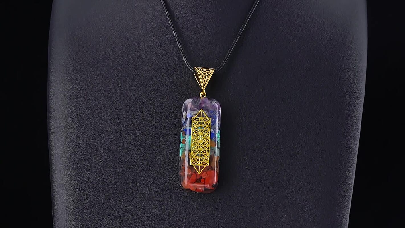 Turquoise, Lapis Lazuli and Red Jasper 30.00 ctw Sacred Geometry Bar Pendant in Goldtone with Stainless Steel Necklace 20 Inches