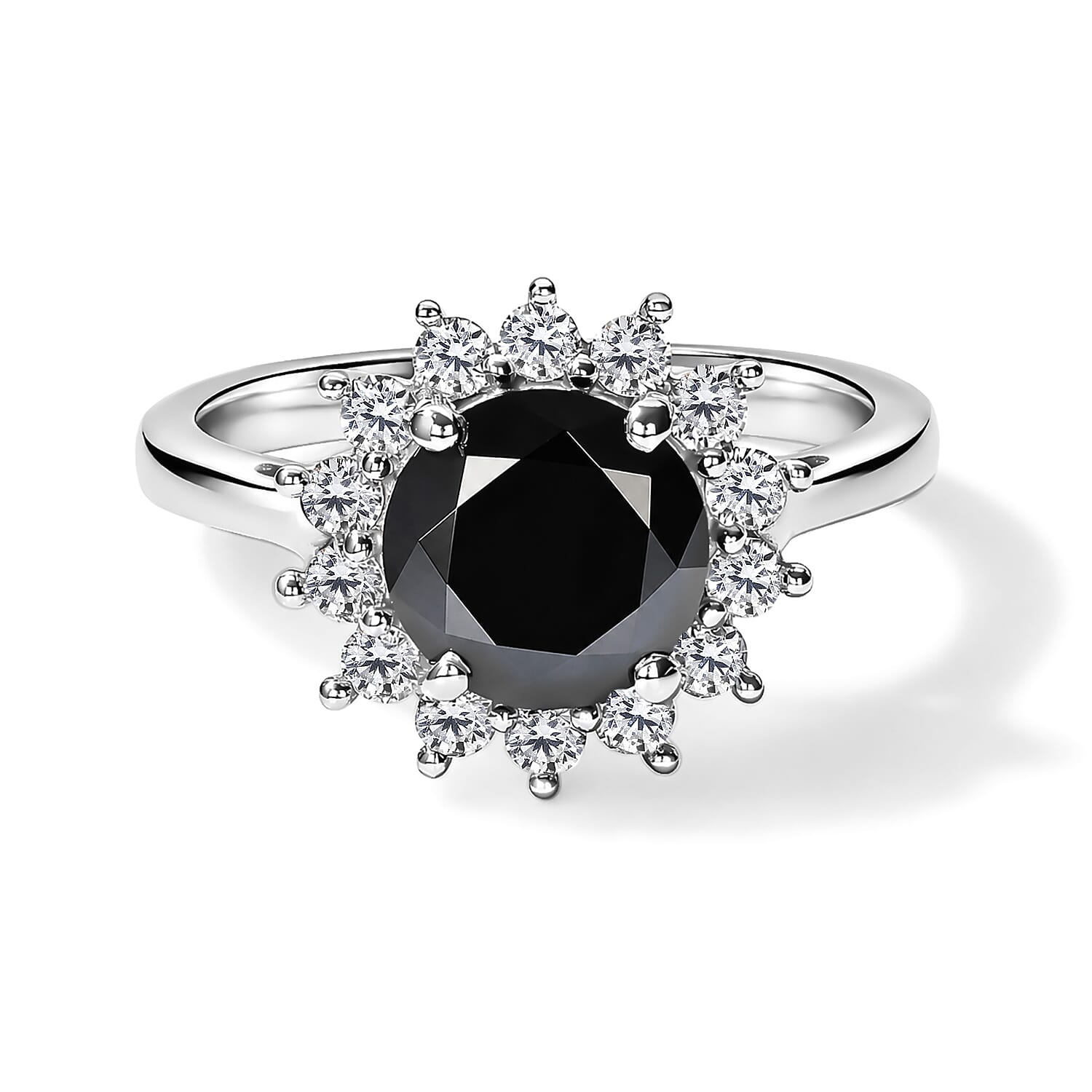 D'Joy Black and White Moissanite 2.20 ctw Halo Ring in Rhodium Over Sterling Silver (Size 5.0)