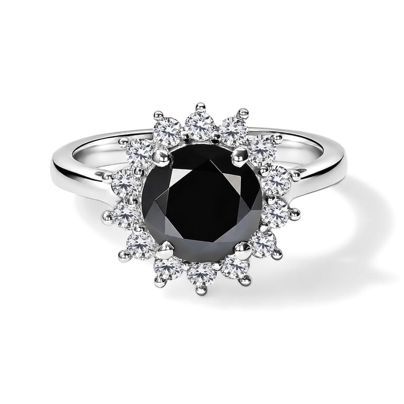 D'Joy Black and White Moissanite 2.20 ctw Halo Ring in Rhodium Over Sterling Silver (Size 5.0)