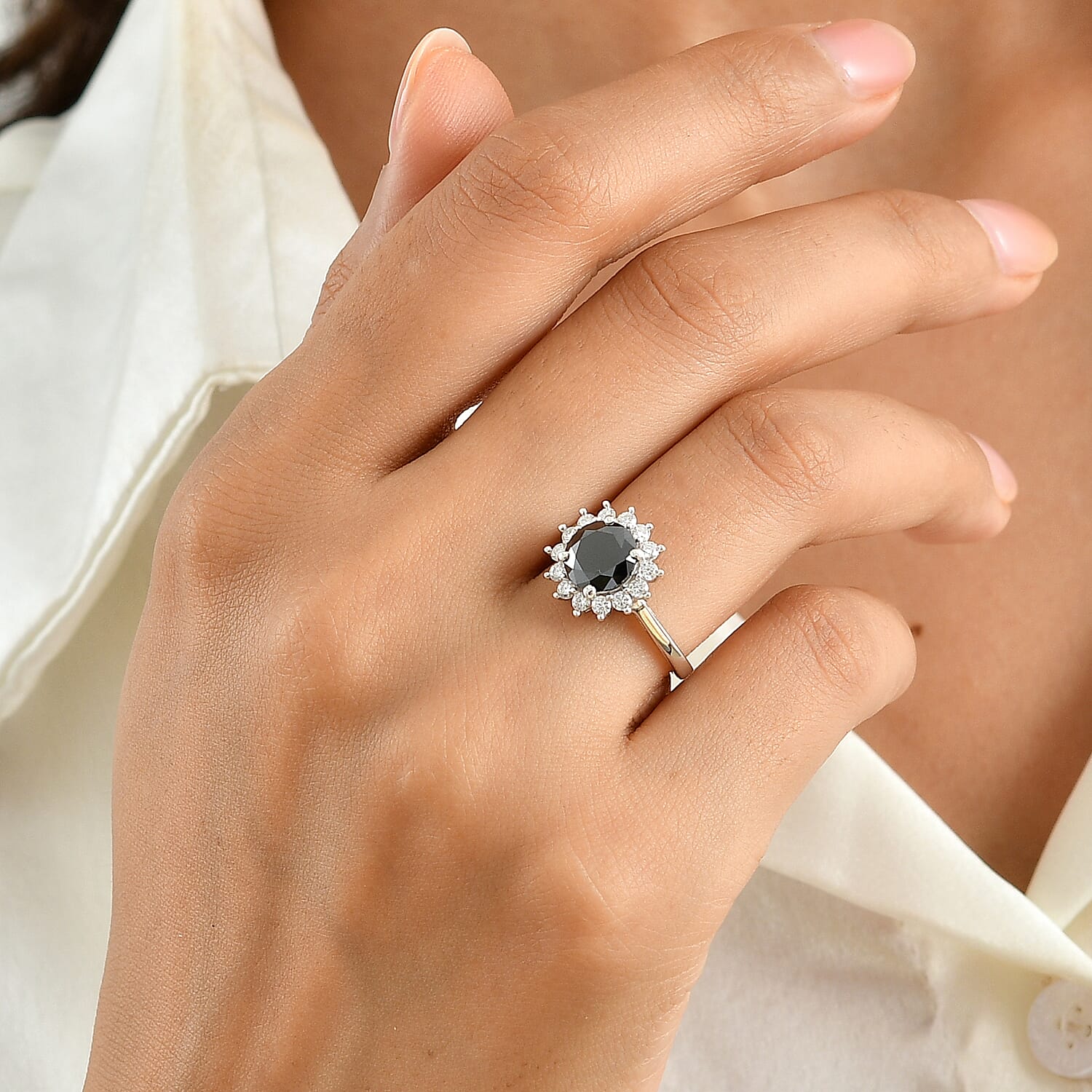 D'Joy Black and White Moissanite 2.20 ctw Halo Ring in Rhodium Over Sterling Silver (Size 5.0)