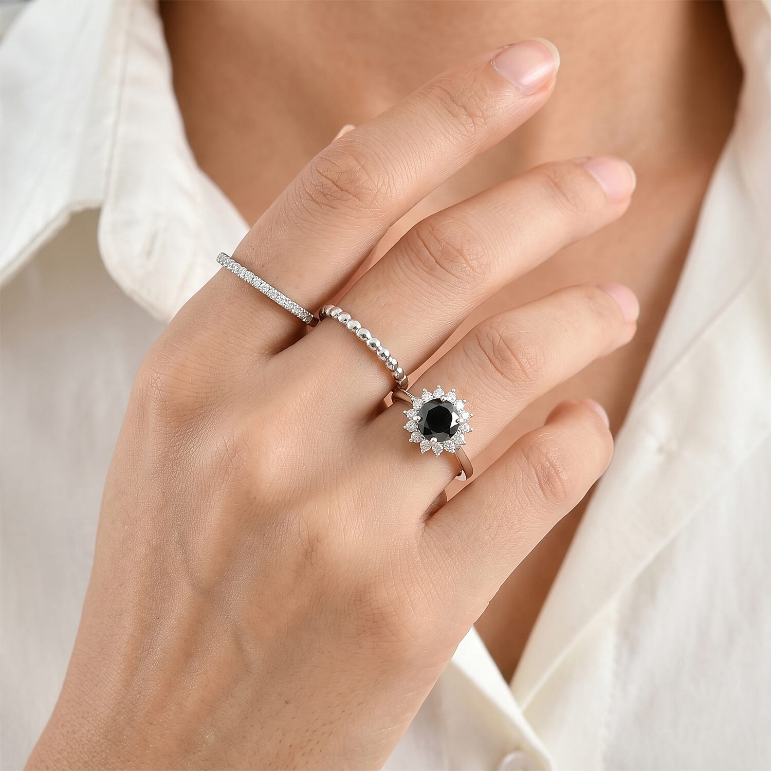 D'Joy Black and White Moissanite 2.20 ctw Halo Ring in Rhodium Over Sterling Silver (Size 5.0)
