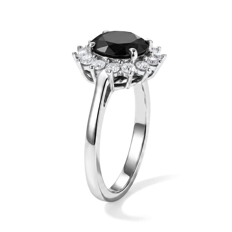 D'Joy Black and White Moissanite 2.20 ctw Halo Ring in Rhodium Over Sterling Silver (Size 5.0)