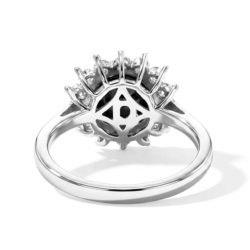 D'Joy Black and White Moissanite 2.20 ctw Halo Ring in Rhodium Over Sterling Silver (Size 5.0)