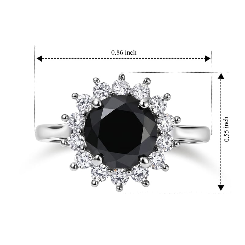 D'Joy Black and White Moissanite 2.20 ctw Halo Ring in Rhodium Over Sterling Silver (Size 5.0)