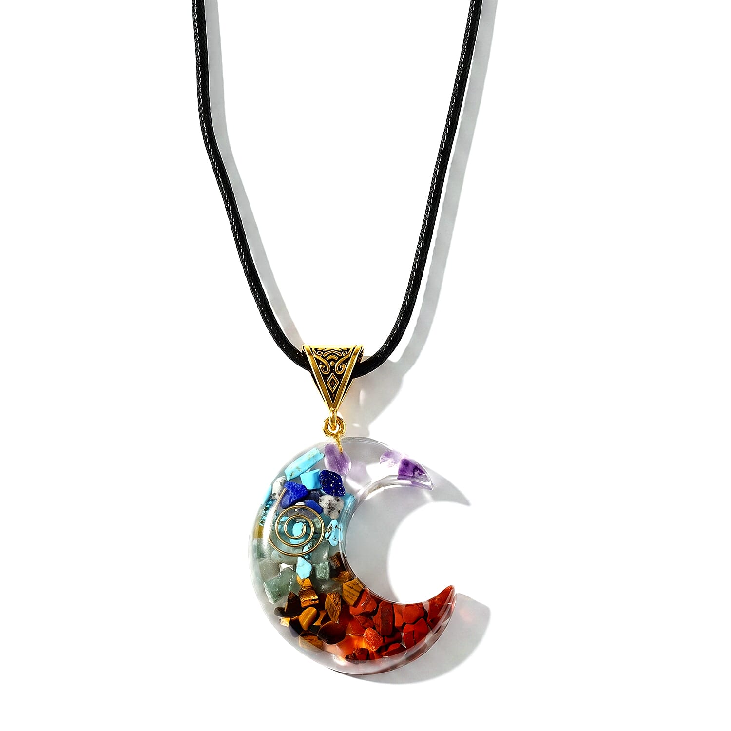 Turquoise, Lapis Lazuli and Red Jasper 24.00 ctw Crescent Moon Pendant with Cord Necklace 20 Inches