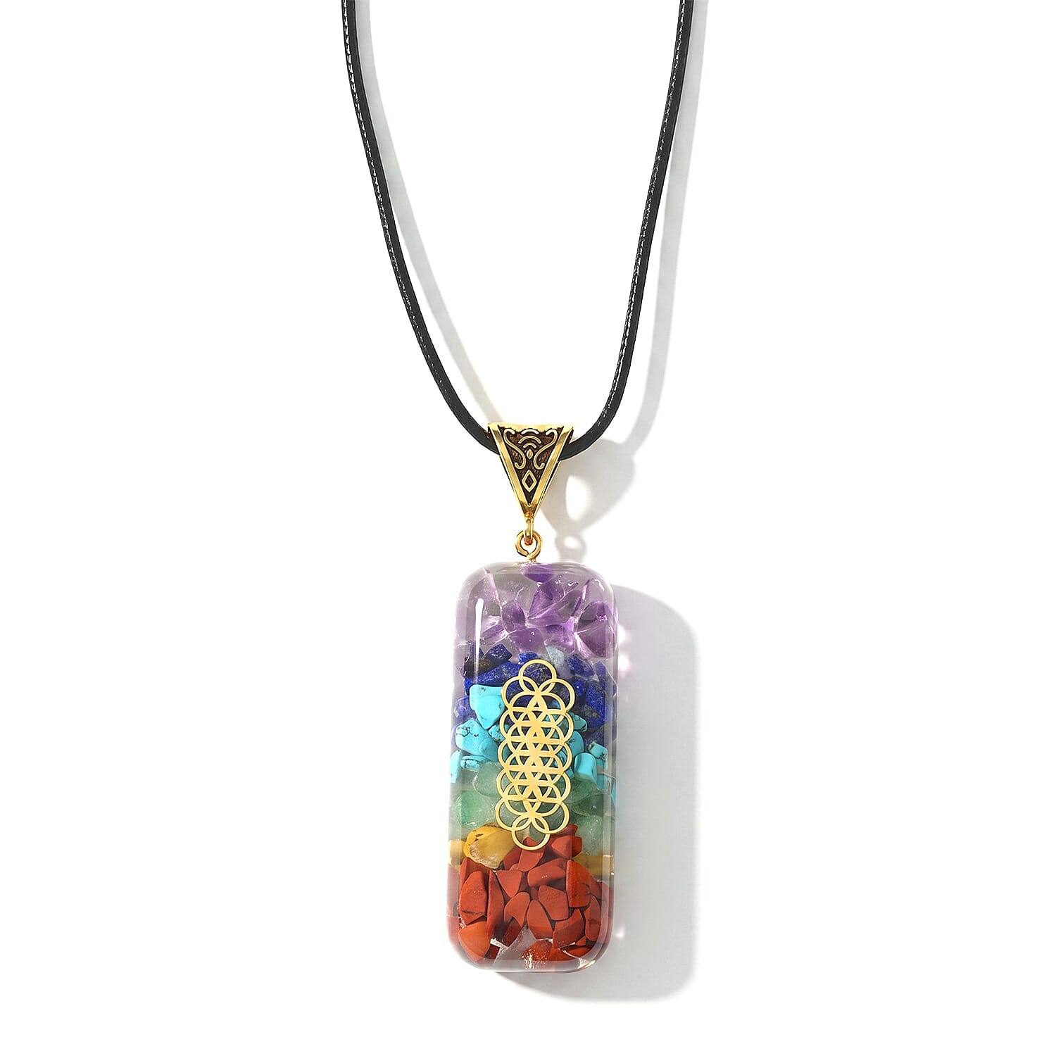 Turquoise, Lapis Lazuli and Red Jasper 30.00 ctw Chakra Orgonite Pendant in Goldtone with ION Plated YG Stainless Steel Necklace 20 Inches