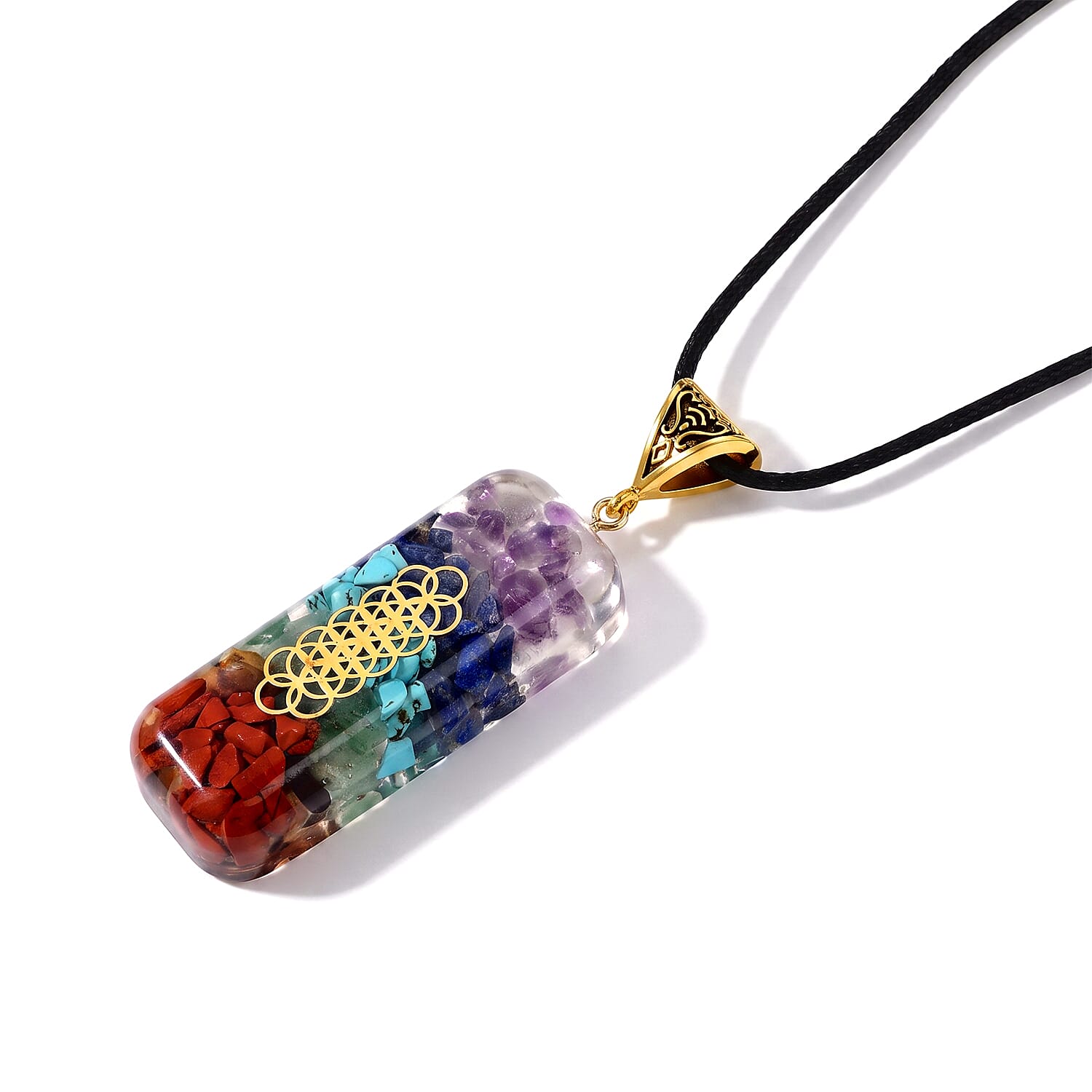 Turquoise, Lapis Lazuli and Red Jasper 30.00 ctw Chakra Orgonite Pendant in Goldtone with ION Plated YG Stainless Steel Necklace 20 Inches