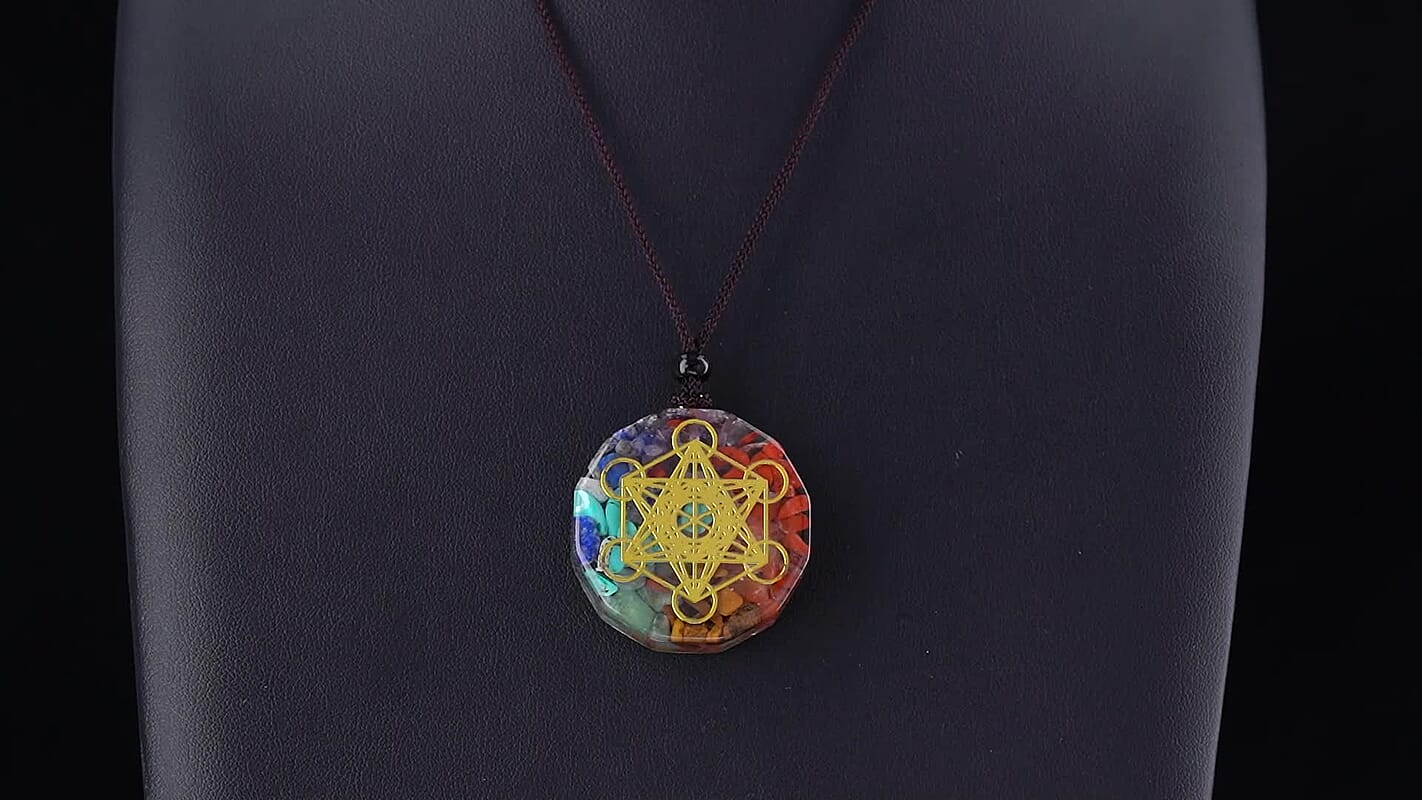 Turquoise, Lapis Lazuli and Red Jasper 30.00 ctw Metatron''s Cube Pendant in Goldtone with Cord Necklace 24 Inches