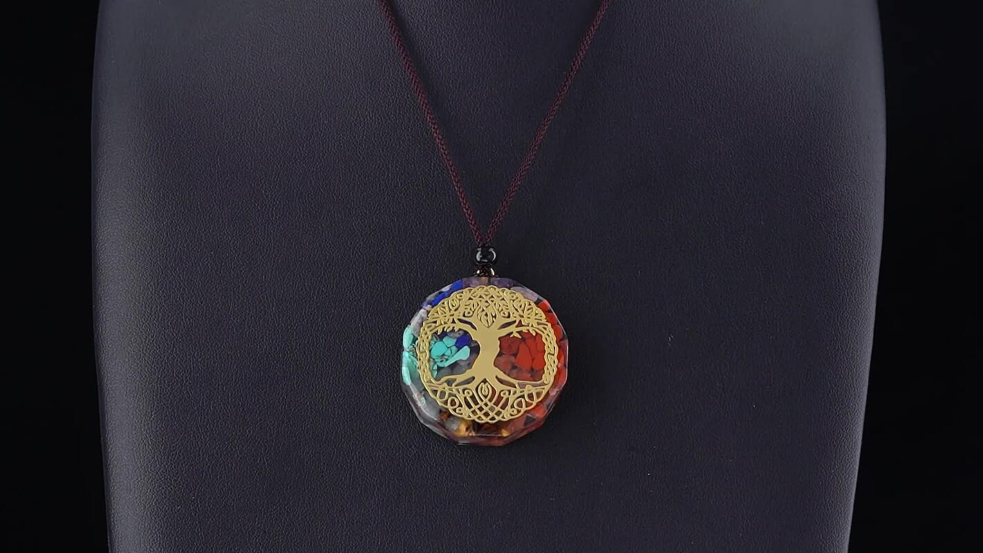 Turquoise, Lapis Lazuli and Red Jasper 30.00 ctw Tree of Life Pendant in Goldtone with Cord Necklace 24 Inches