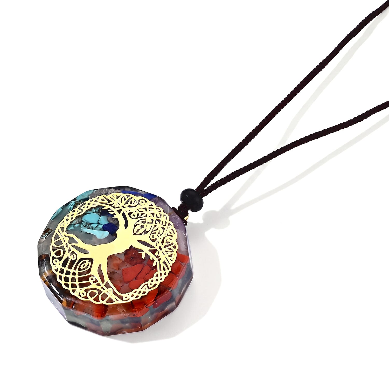 Turquoise, Lapis Lazuli and Red Jasper 30.00 ctw Tree of Life Pendant in Goldtone with Cord Necklace 24 Inches