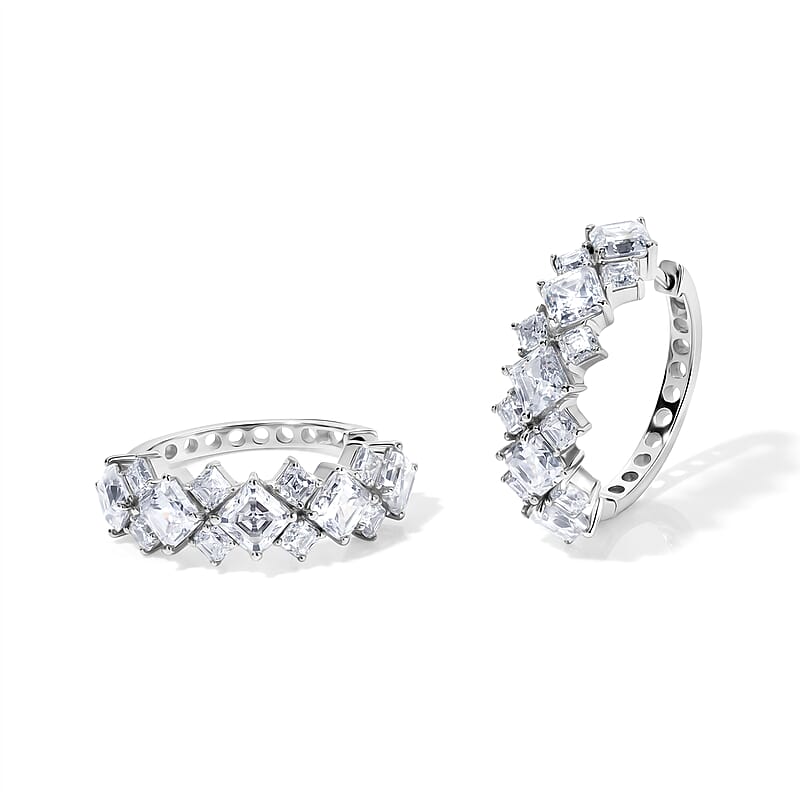 D'Joy Asscher Cut Moissanite 9.50 ctw Hoop Timeless Brilliance Earrings in Rhodium Over Sterling Silver