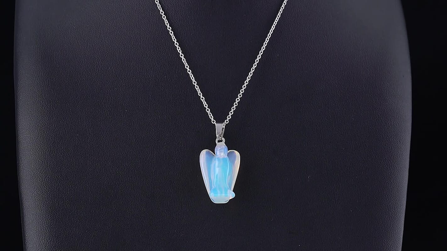 White Opal 25.00 ctw Angel Figurine Pendant in Silvertone with Stainless Steel Necklace 20 Inches