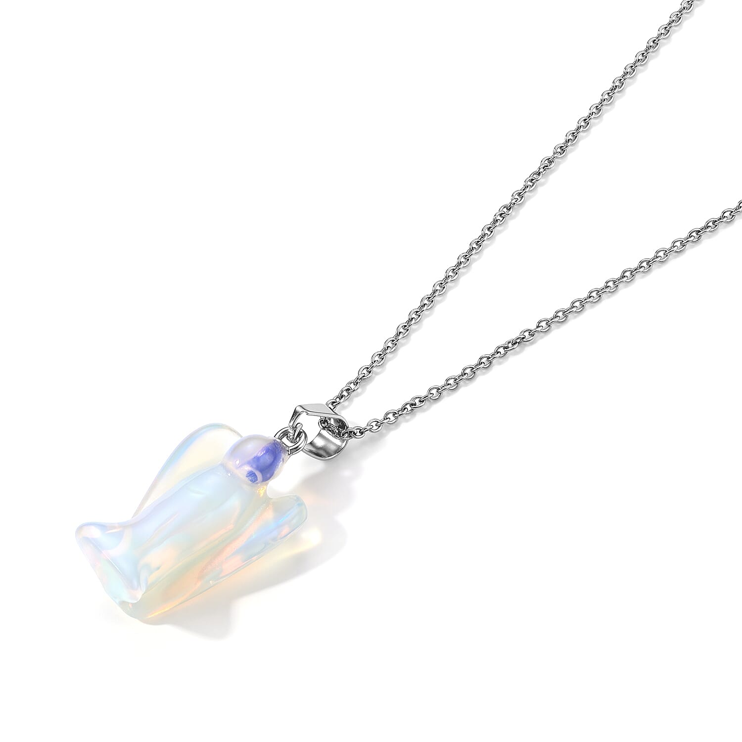 White Opal 25.00 ctw Angel Figurine Pendant in Silvertone with Stainless Steel Necklace 20 Inches