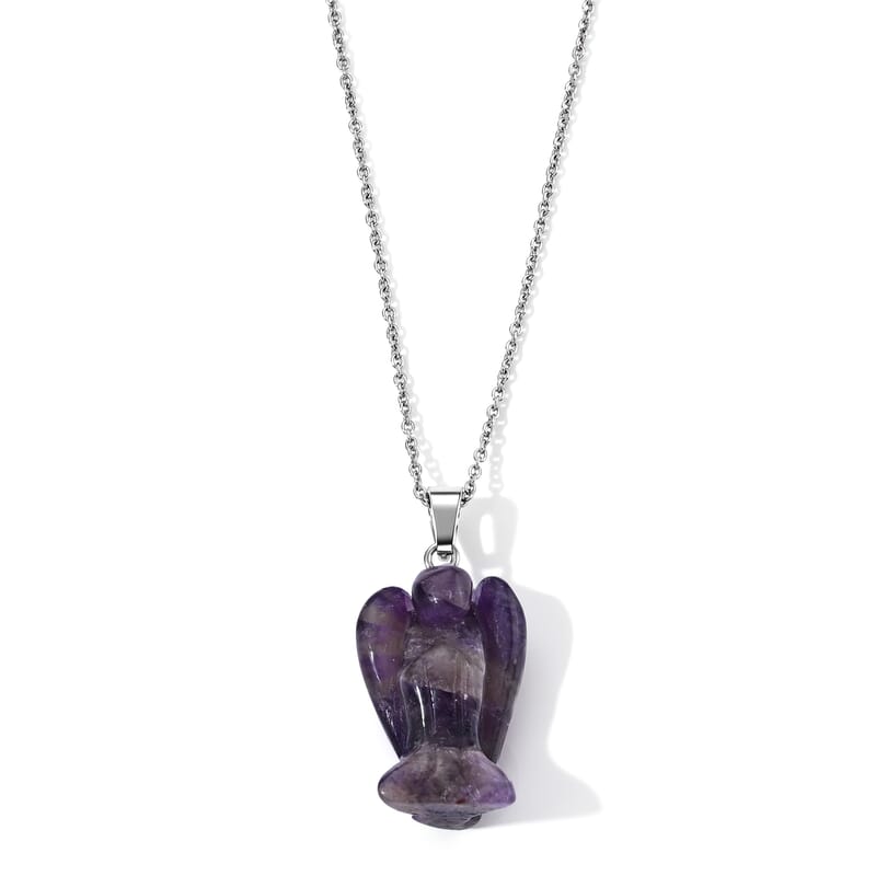 African Amethyst 25.00 ctw Angel Figurine Pendant in Silvertone with Stainless Steel Necklace 20 Inches