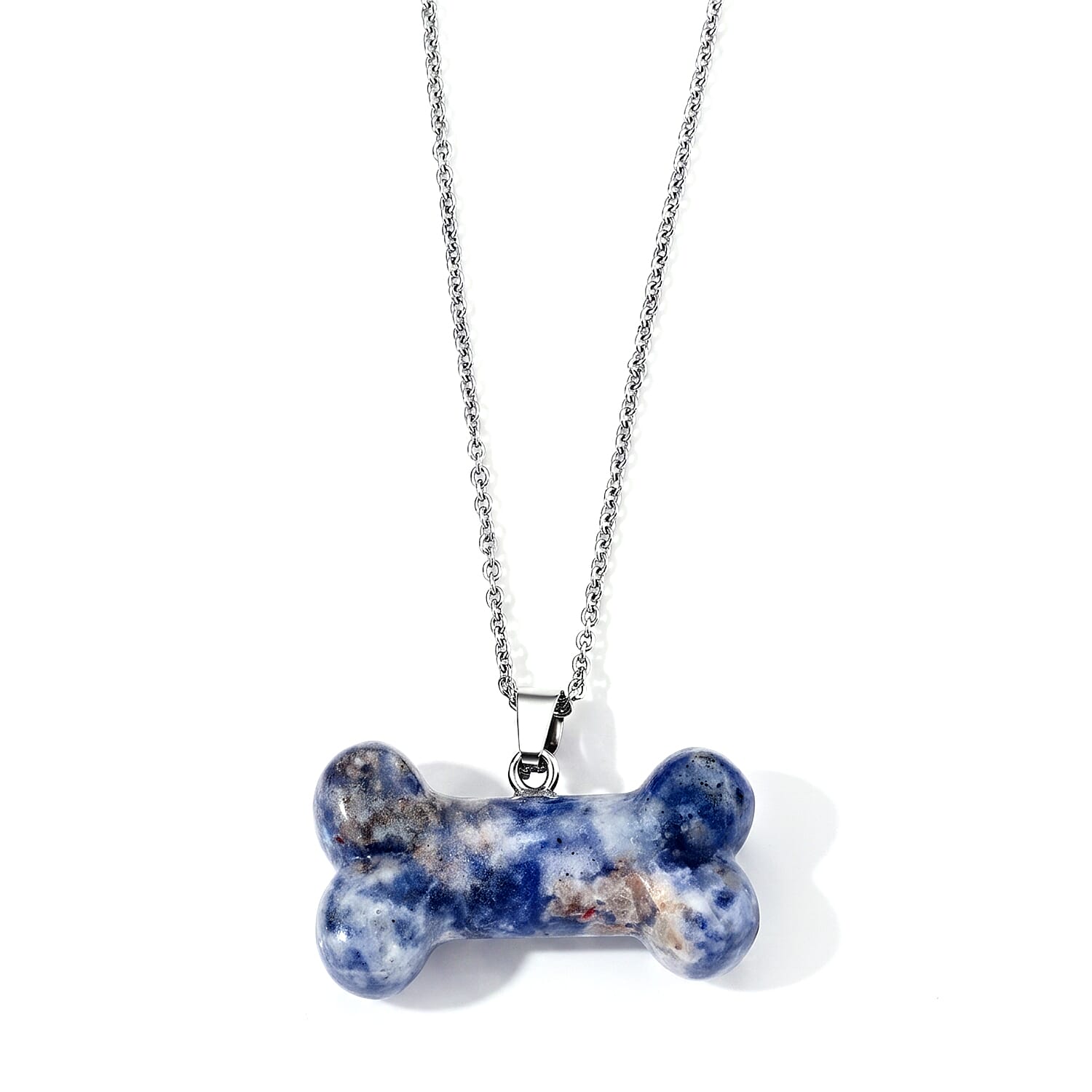 Dalmation Jasper 45.00 ctw Dog Bone Pendant in Silvertone with Stainless Steel Necklace 20 Inches