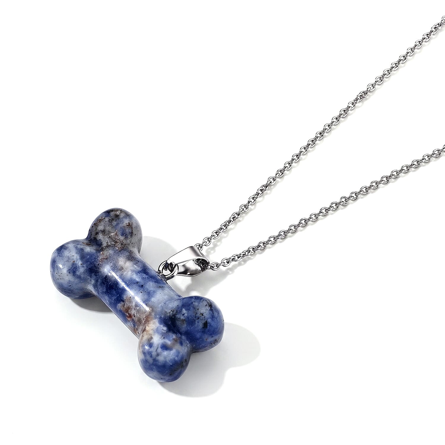 Sodalite 45.00 ctw Dog Bone Pendant in Silvertone with Stainless Steel Necklace 20 Inches