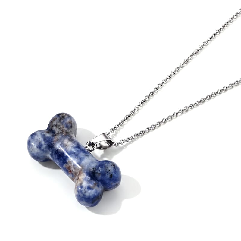 Sodalite 45.00 ctw Dog Bone Pendant in Silvertone with Stainless Steel Necklace 20 Inches