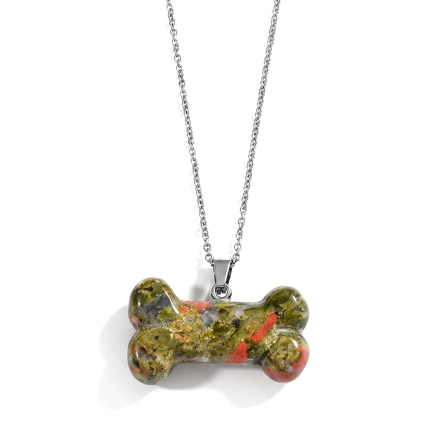 Dalmation Jasper 45.00 ctw Dog Bone Pendant in Silvertone with Stainless Steel Necklace 20 Inches