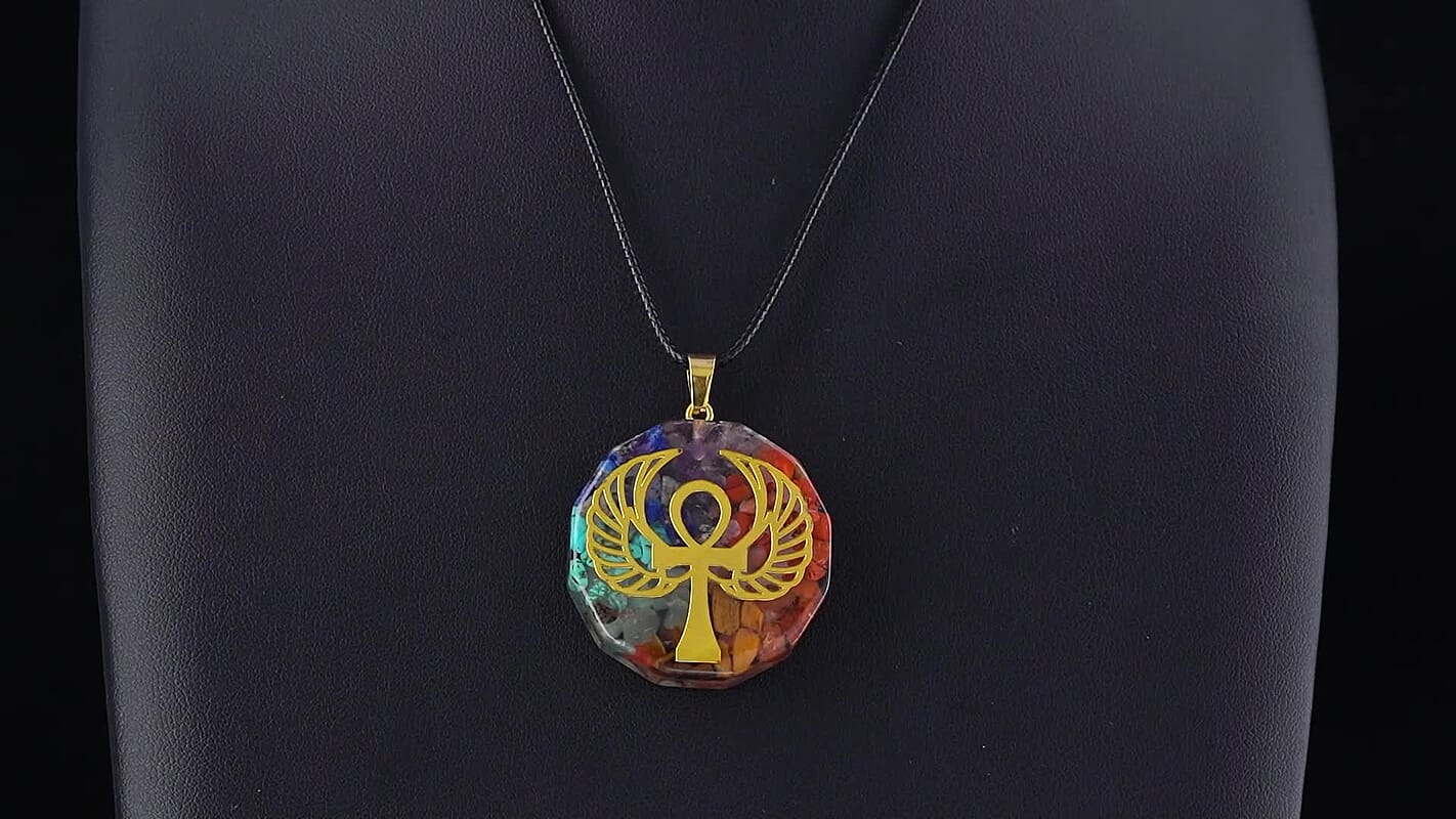 Turquoise, Red Jasper, Tigers Eye 24.00 ctw Winged Ankh Pendant in Goldtone with ION Plated YG Stainless Steel Necklace 20 Inches