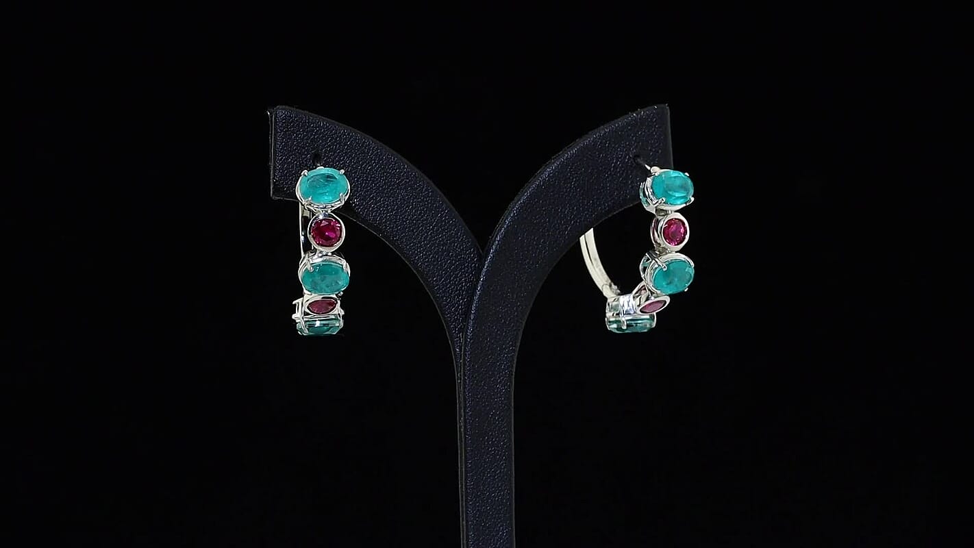 EverTrue Emeraldine Triplet Quartz, Lab Grown Ruby Hoop Earrings in Platinum Bond 11.50 ctw