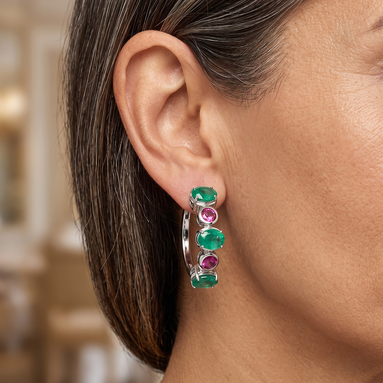 EverTrue Emeraldine Triplet Quartz and Lab Grown Ruby 11.50 ctw Hoop Earrings in Platinum Bond