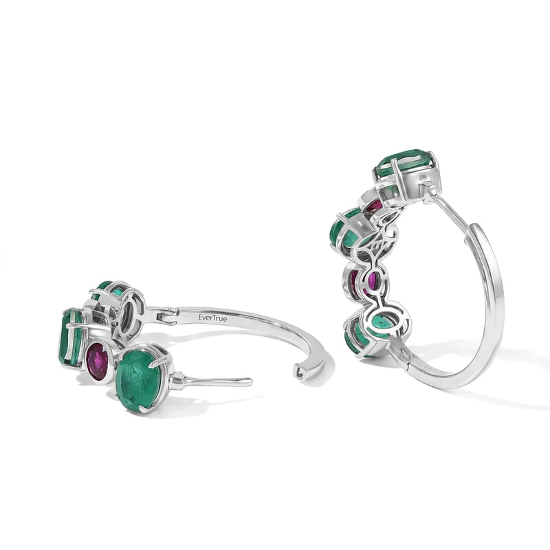 EverTrue Emeraldine Triplet Quartz and Lab Grown Ruby 11.50 ctw Hoop Earrings in Platinum Bond
