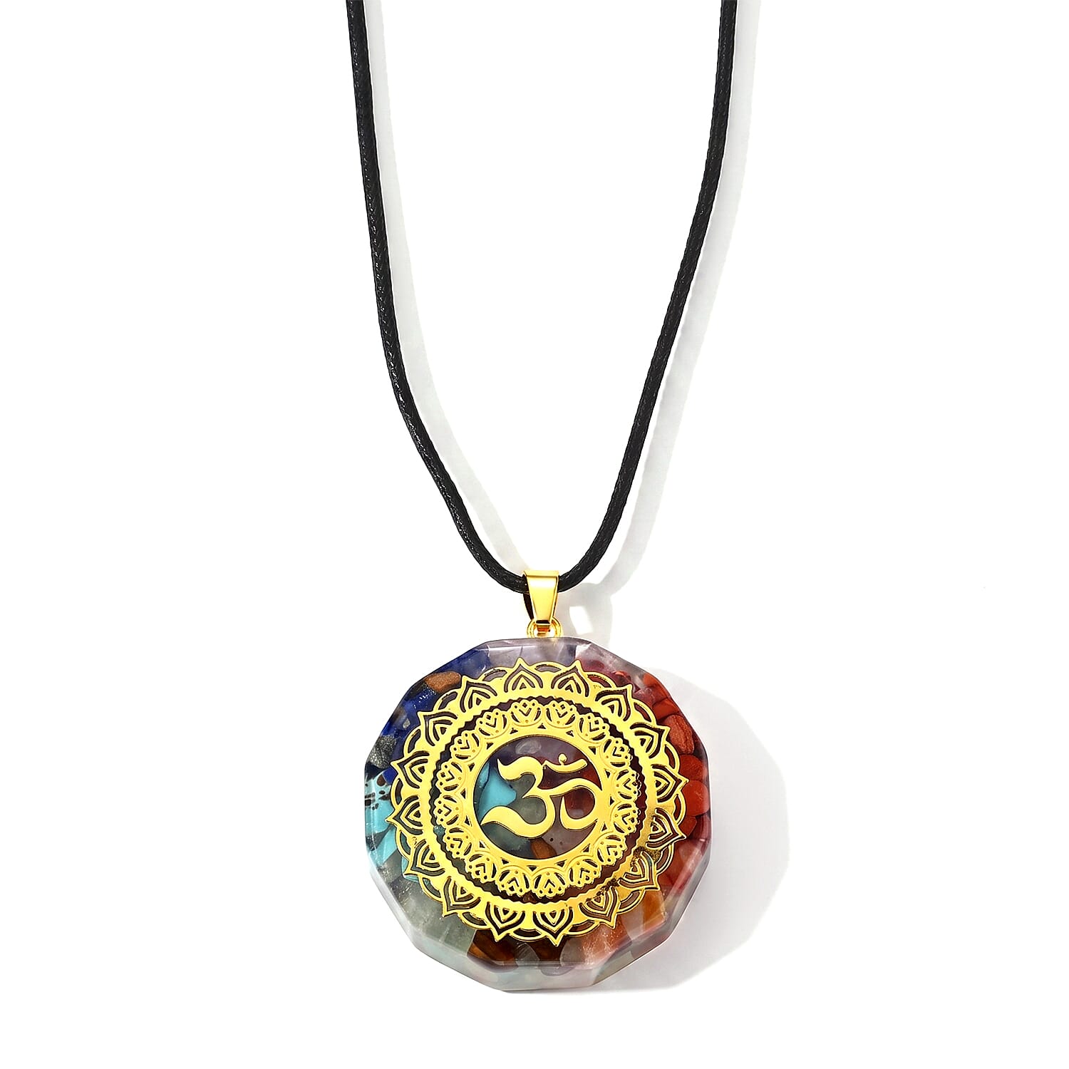 Turquoise, Red Jasper, Tigers Eye 24.00 ctw Om Chakra Pendant in Goldtone with ION Plated YG Stainless Steel Necklace 20 Inches