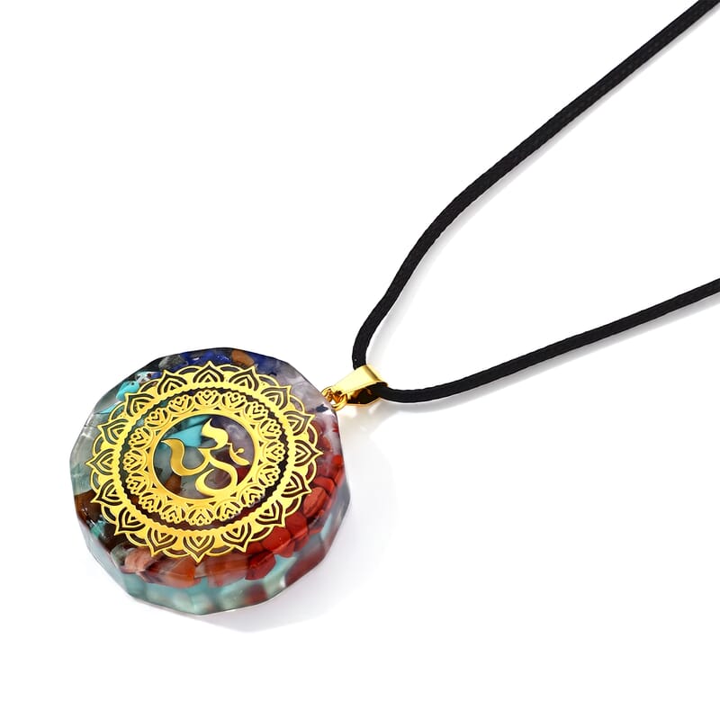 Turquoise, Red Jasper, Tigers Eye 24.00 ctw Om Chakra Pendant in Goldtone with ION Plated YG Stainless Steel Necklace 20 Inches