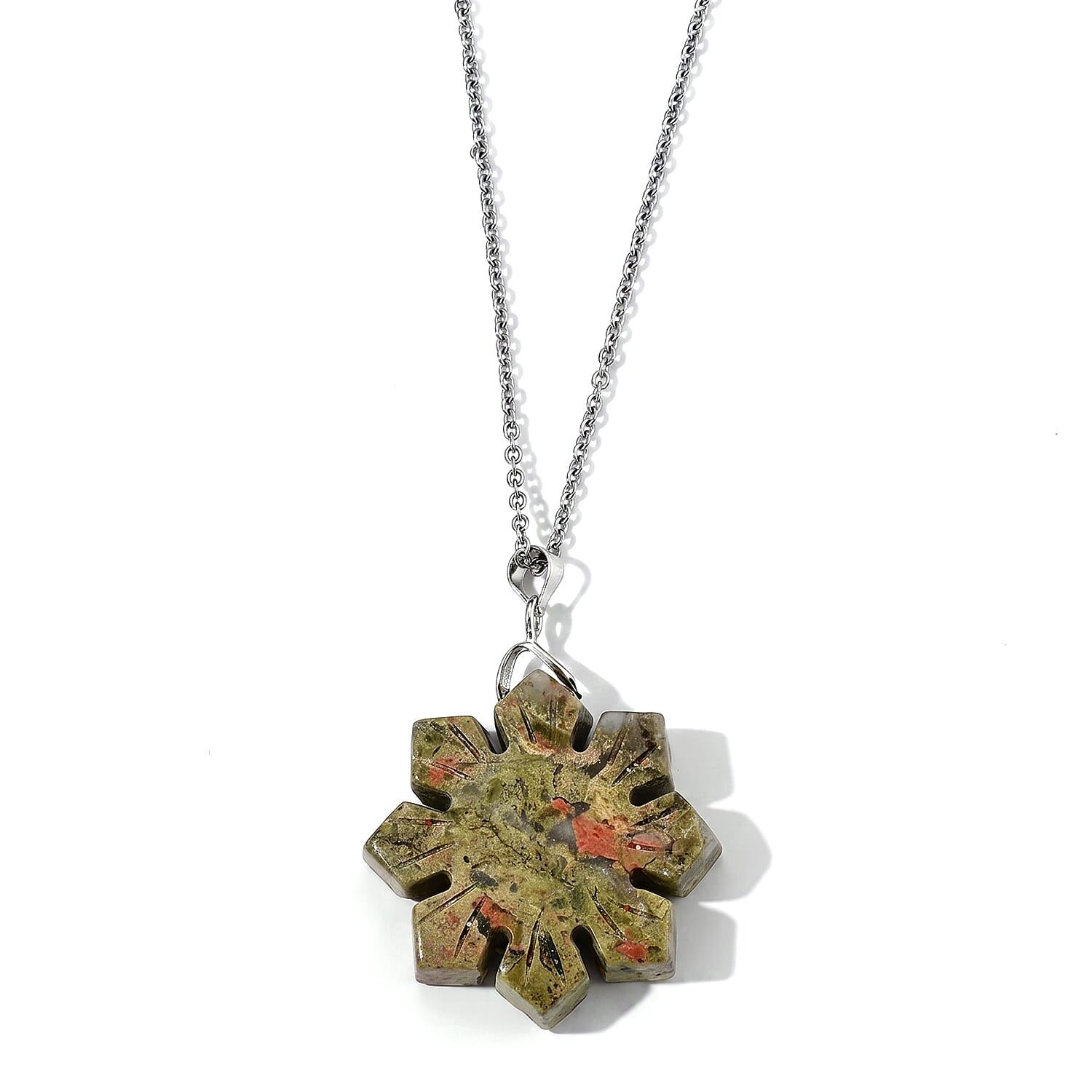 Unakite 45.00 ctw Flower Pendant in Silvertone with Stainless Steel Necklace 20 Inches
