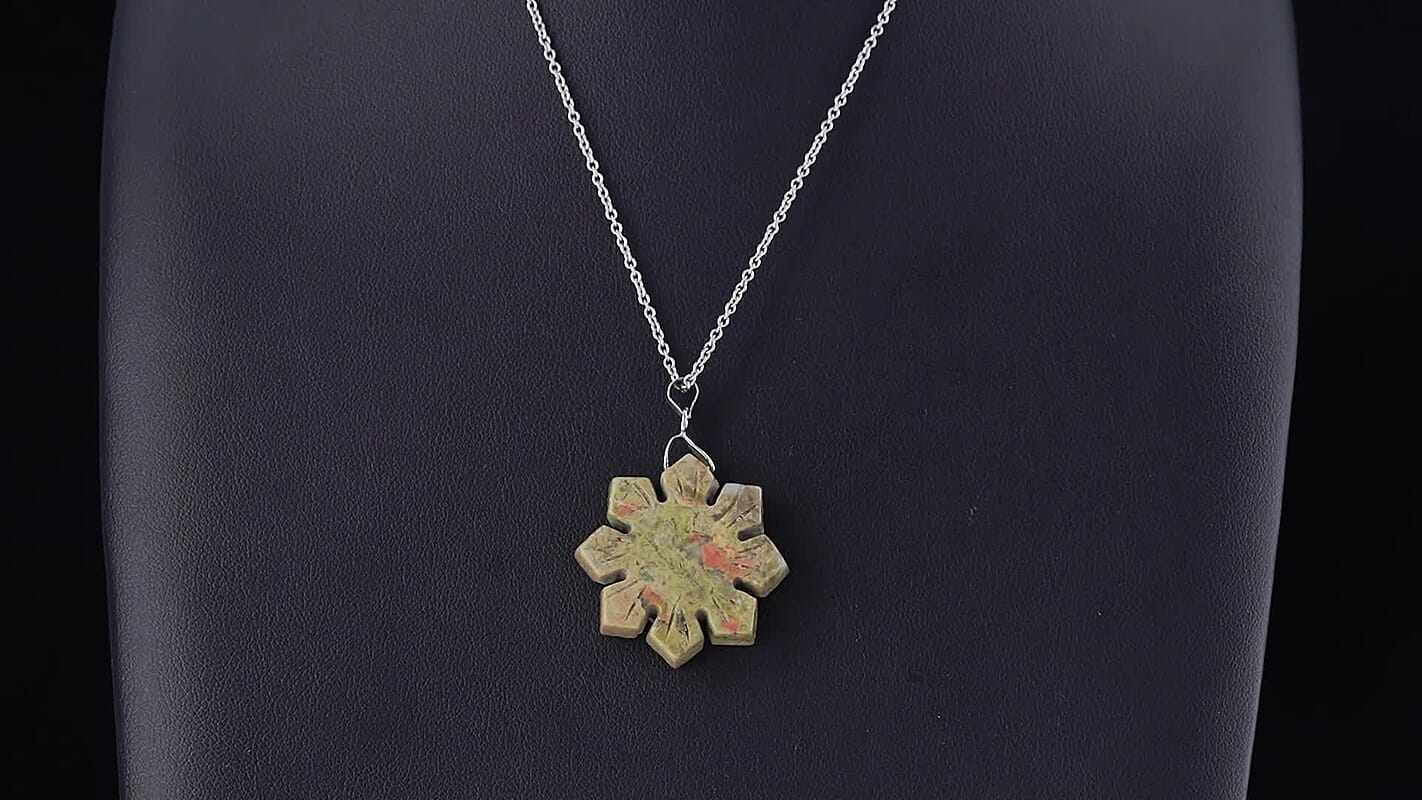 Unakite 45.00 ctw Flower Pendant in Silvertone with Stainless Steel Necklace 20 Inches