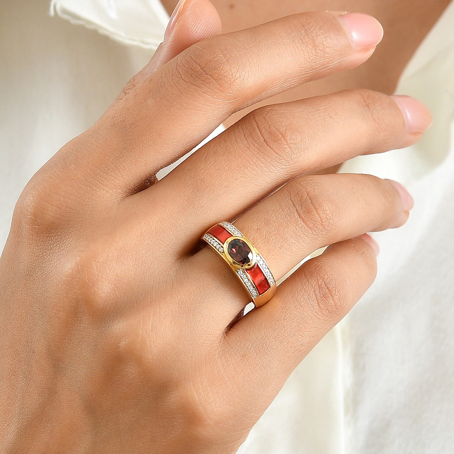 D'Joy AAA Red Zircon and Moissanite 1.25 ctw Ring in 18K Vermeil Yellow Gold Over Sterling Silver (Size 6.0)
