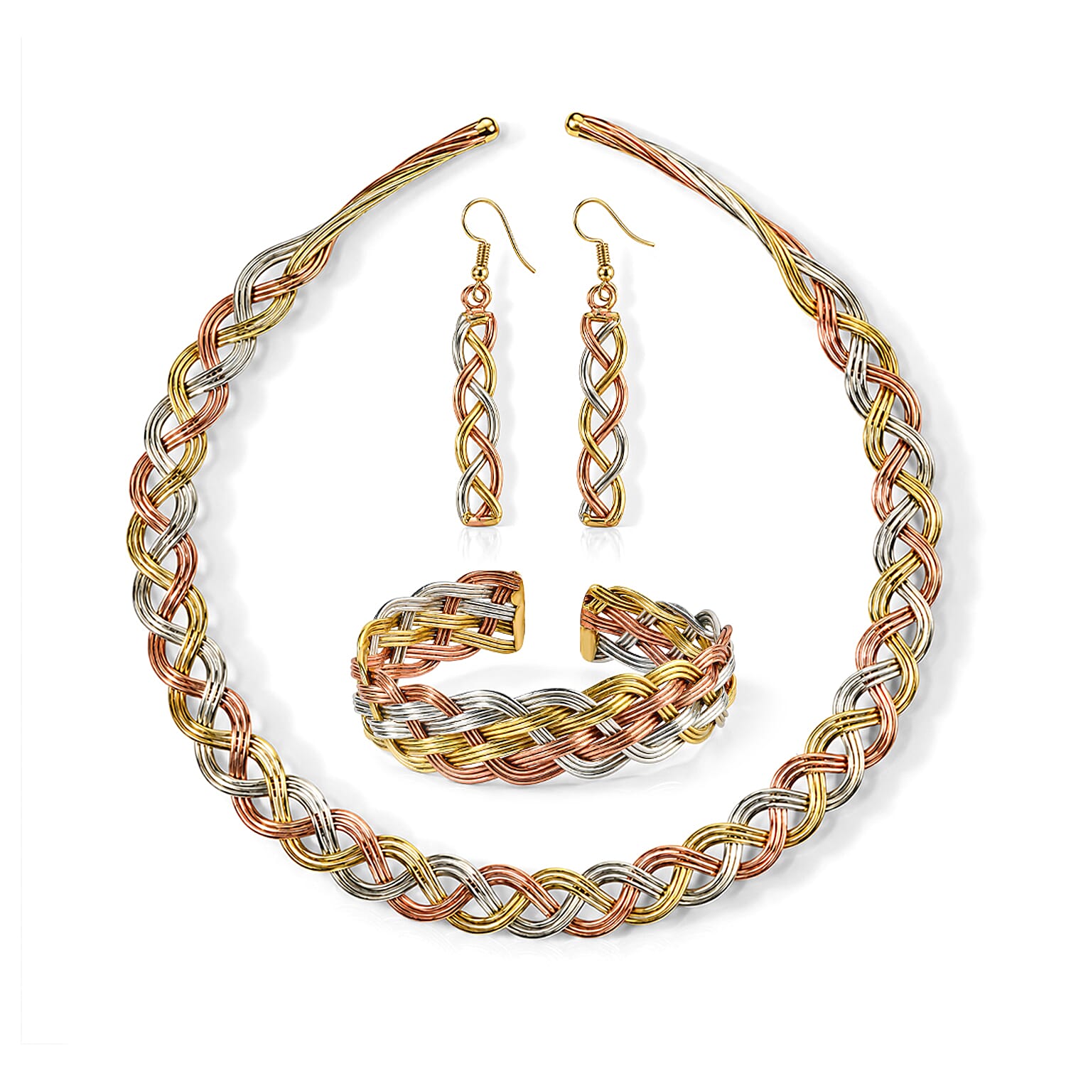 Handcrafted Multi-Color Woven Hasli Necklace (16 Inches), Cuff Bracelet (7.50In) & Earrings in Silvertone and Goldtone