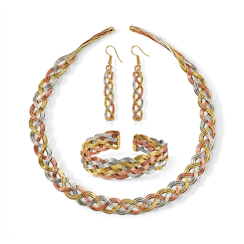 Handcrafted Multi-Color Woven Hasli Necklace (16 Inches), Cuff Bracelet (7.50In) & Earrings in Silvertone and Goldtone