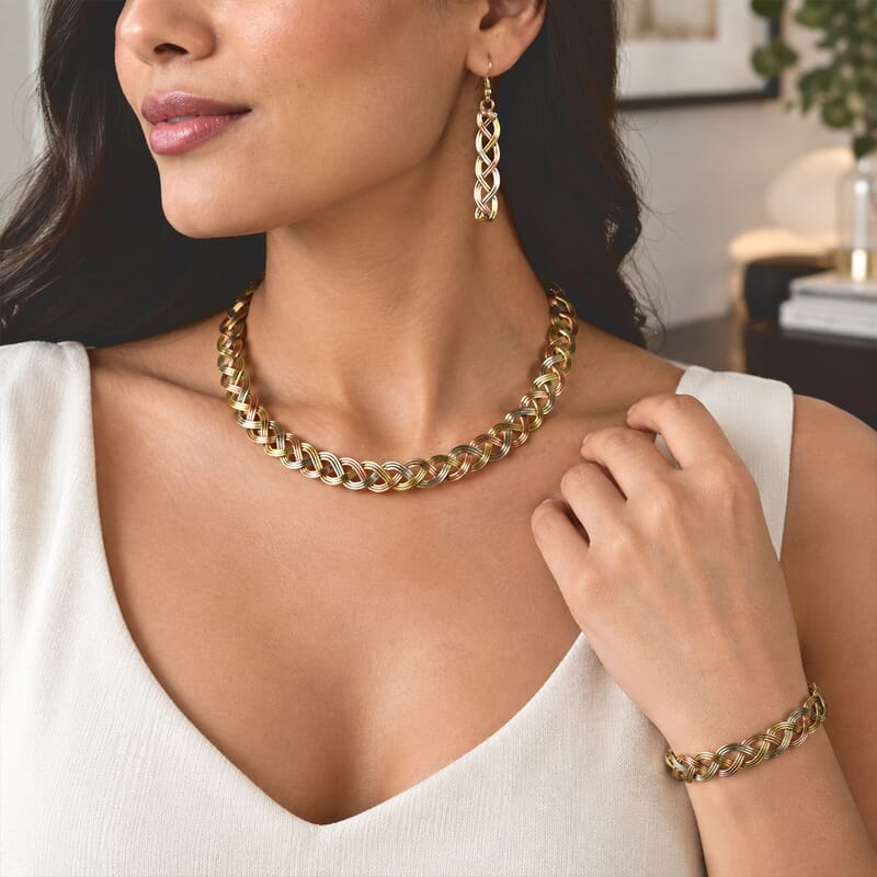 Handcrafted Multi-Color Woven Hasli Necklace (16 Inches), Cuff Bracelet (7.50In) & Earrings in Silvertone and Goldtone